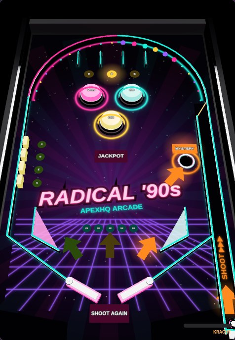 Screenshot van Radical '90s Pinball: de speelbak met bumpers, JACKPOT en RADICAL '90s in neon